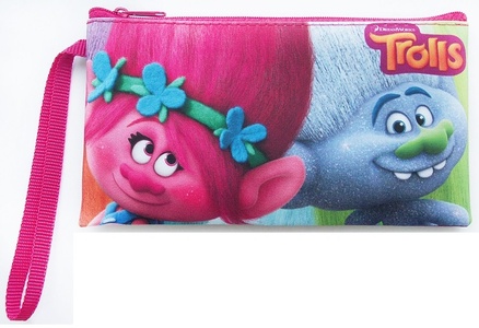 87661 Пенал плоский с ручкой "Тролли", размер 19*10 см, на молнии, полиэстер, 210 ден