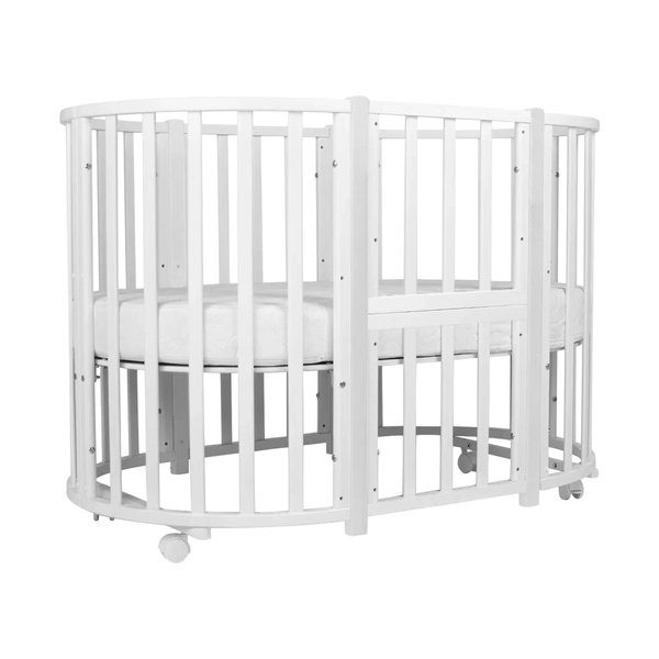 Кровать Indigo Born 7 в 1 (круг/овал, манеж, 2 кресла, стол) массив березы, МДФ (белый натур.)