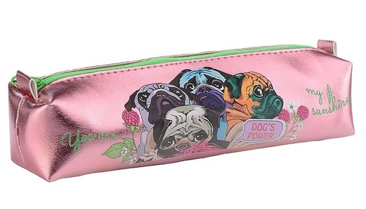 88584 Пенал объёмный Мопсы в малине одно отделение, на молнии, 21*4,5*4,5 см., полиэстер 210