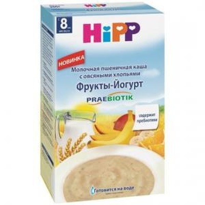 (БЗМЖ) Каша Хипп молоко,пшеничная с овс. хлопьями и пребиот. "Фрукты-Йогурт" 250гр.