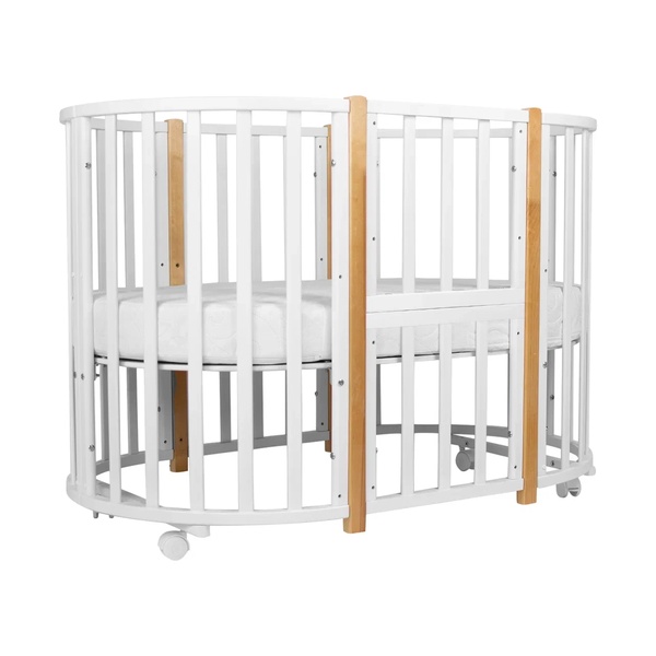 Кровать Indigo Born 7 в 1 (круг/овал, манеж, 2 кресла, стол) массив березы, МДФ (белый натур.)