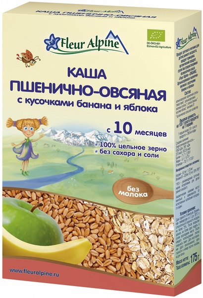 Флёр Альпин Каша Органик пшенично-овсяная с кусочками банана и яблока с 10 мес. 175 гр /6