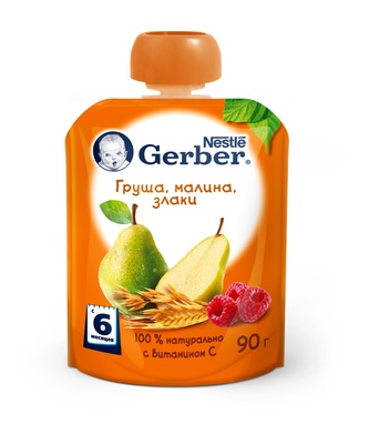 Пюре Гербер Груша, малина, злаки 90 гр./16