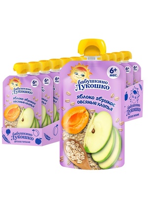 Пюре Бабушкино лукошко яблоко, абрикос, овсяные хлопья 125 гр.